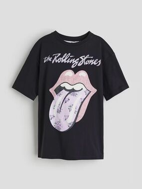 H&M The Rolling Stones Kids Black Graphic Tee with Pink Floral Tongue